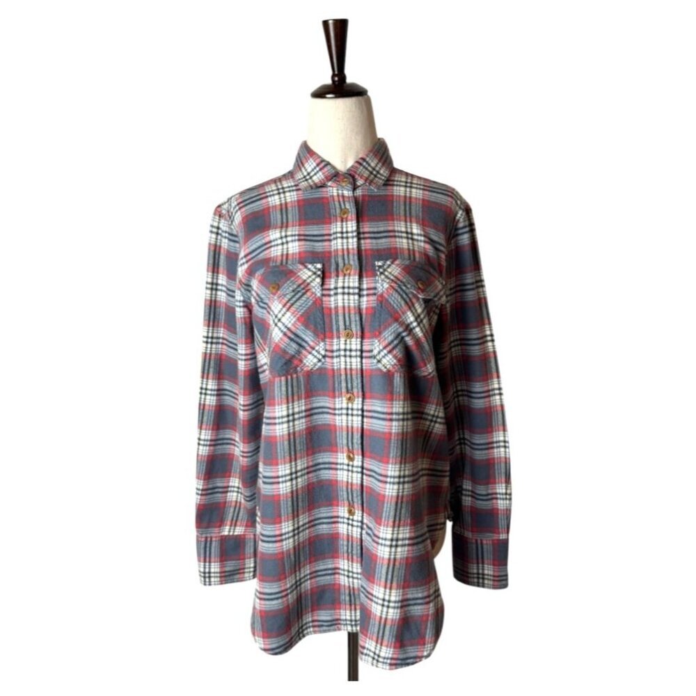 J Crew Shirt Women 2 Gray Red Cotton Flannel Plaid Button Down Preppy Outdoor